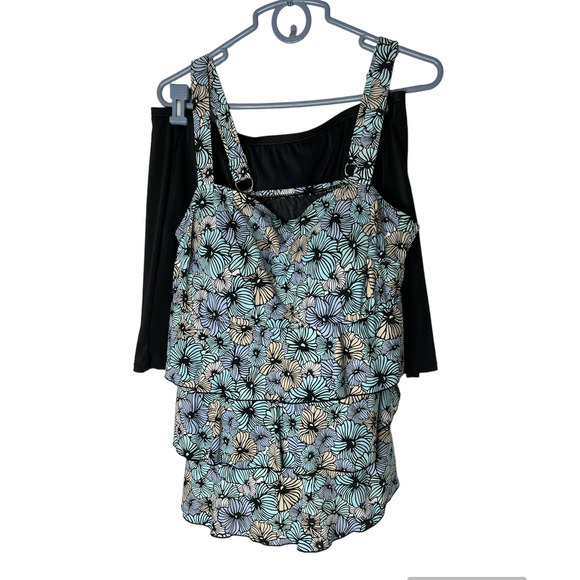 Fit 4u Two-Piece Swimsuit in Blue Purple Yellow Floral Print Size 14W - Picture 1 of 6